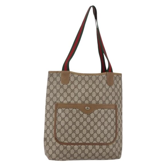 GUCCI GG Supreme Web Sherry Line Tote Bag PVC Leather Beige Red - Picture 1 of 15